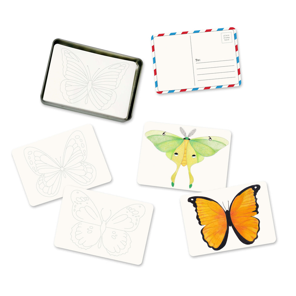 Butterfly-themed stationery set with postcards and templates on a white background