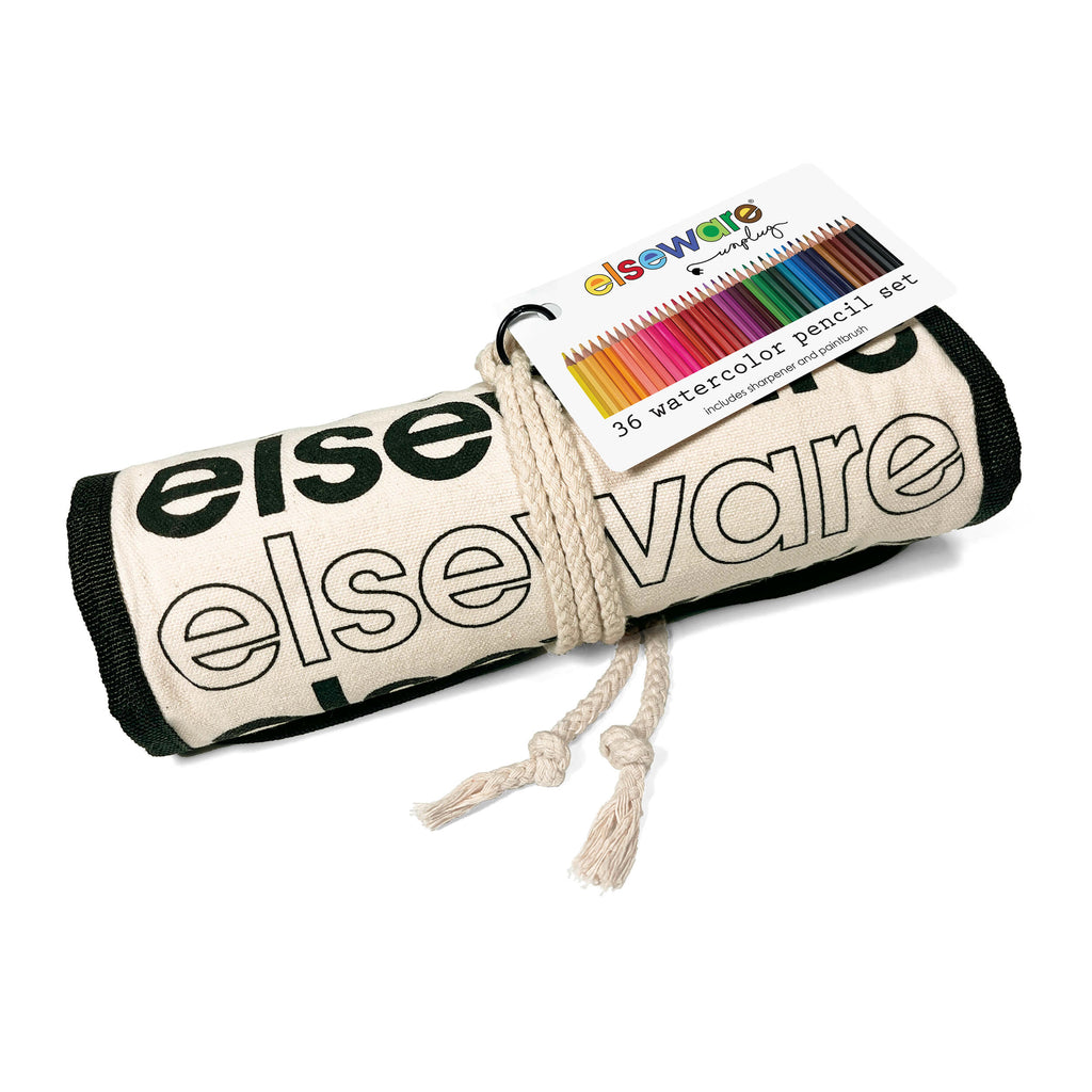 Roll of paper with 'elsevare' branding and a set of watercolor pencils on a white background
