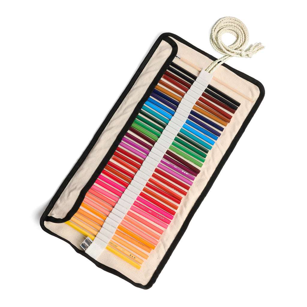Set of colored pencils in a case on a white background
