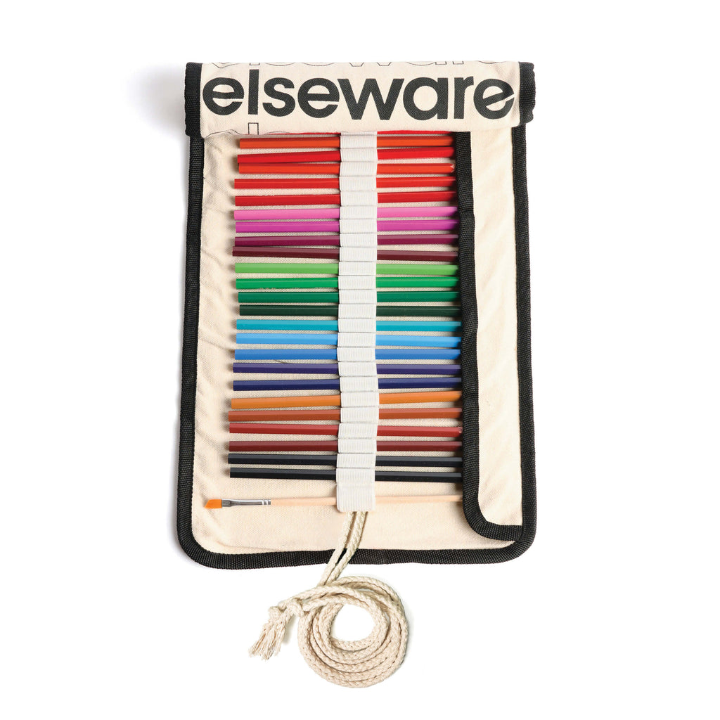 An Elseware fabric art supply roll-up organizer filled with colored pencils, markers, and paintbrushes, shown on a clean white background.