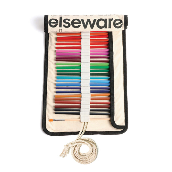 An Elseware fabric art supply roll-up organizer filled with colored pencils, markers, and paintbrushes, shown on a clean white background.