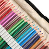 A close-up of a set of colored pencils arranged diagonally inside a beige fabric pencil case with a black zipper, showing a wide range of colors including red, orange, yellow, green, blue, purple, and pink.