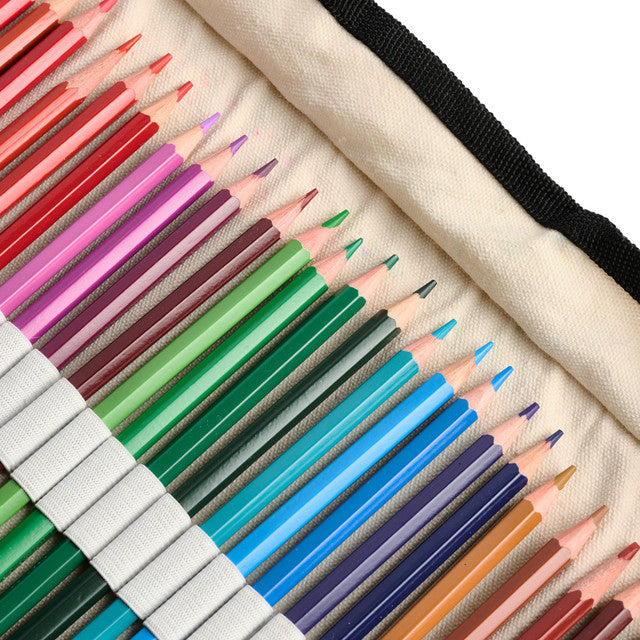A close-up of a set of colored pencils arranged diagonally inside a beige fabric pencil case with a black zipper, showing a wide range of colors including red, orange, yellow, green, blue, purple, and pink.