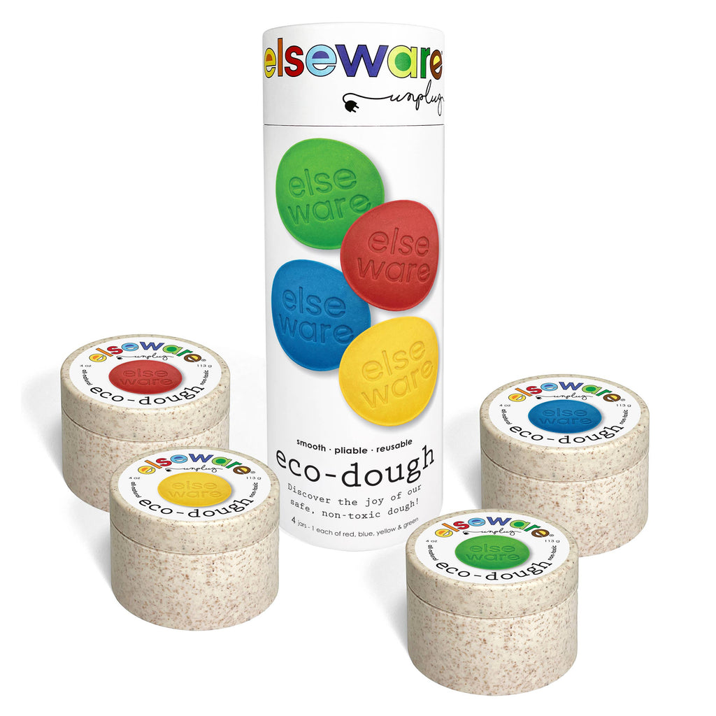 Elseware non toxic Eco-Dough sensory play dough set with five small round beige speckled jars and one tall white cylindrical box, all printed with the Elseware logo and colorful dough color illustrations, on a white background.