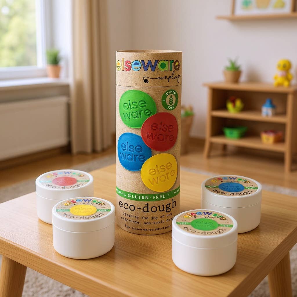 Container of eco-dough with colorful labels on a wooden table in a room setting.