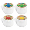 Four containers of non toxic play dough with colorful labels on a white background
