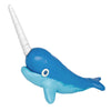 Blue narwhal toy with a white tusk on a white background