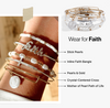 Collection of bracelets on a wrist with labeled components, featuring 'Stick Pearls', 'Inline Faith Bangle', 'Pearls & Gold', 'Crystal-Centered Cross', and 'Mother of Pearl Path of Life'.