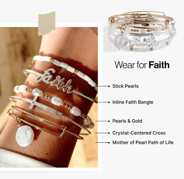 Collection of bracelets on a wrist with labeled components, featuring 'Stick Pearls', 'Inline Faith Bangle', 'Pearls & Gold', 'Crystal-Centered Cross', and 'Mother of Pearl Path of Life'.