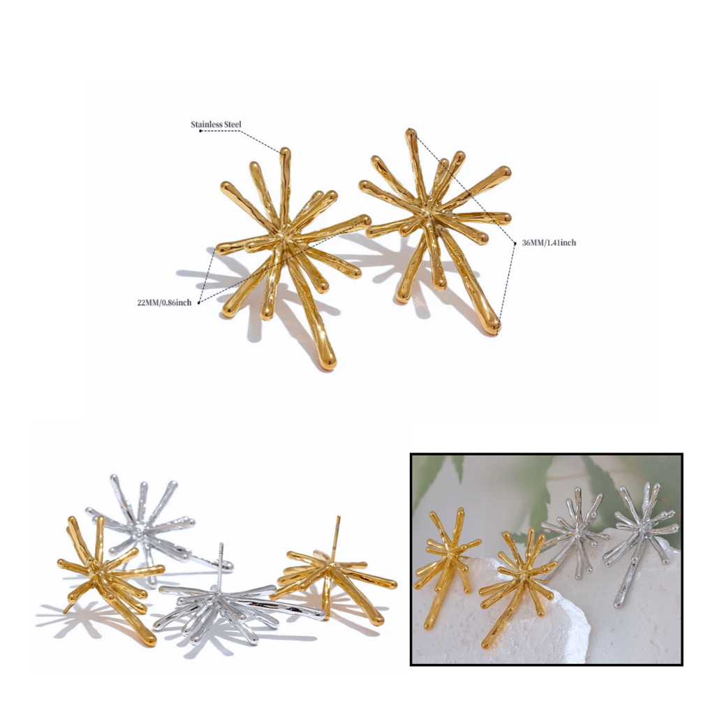 Gold and Silver Star Burst Earrings for trendy jewelry wearing and statements