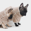 Two dogs wearing beige robes on a white background