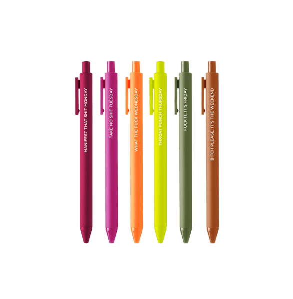 MANIFEST THAT SH*T MONDAY, TAKE NO SH*T TUESDAY, WHAT THE F*CK WEDNESDAY, THROAT PUNCH THURSDAY</li> <li>F*CK IT, ITS FRIDAY, B*TCH PLEASE, ITS THE WEEKEND, Talking out of turn "Toot" has Jotter Pens and they did them WRITE with bright colors and a lot of attitude. Days of the Week Pens