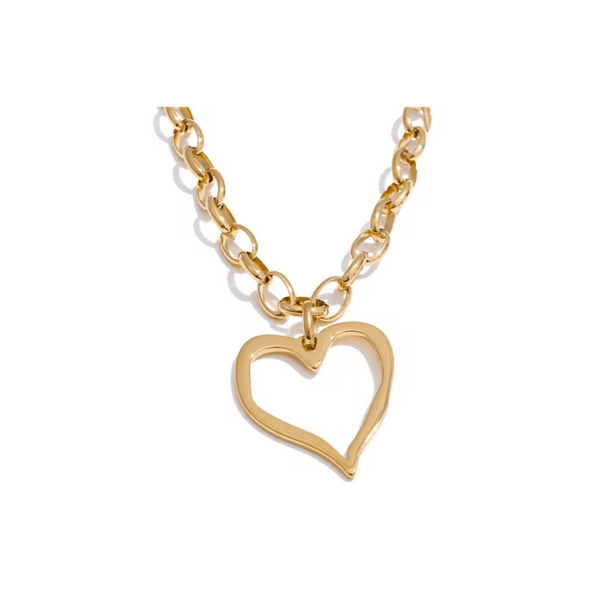 large Gold heart-shaped pendant on a chunky chain against a white background