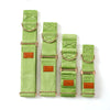 Set of green dog collars with gold hardware on a white background