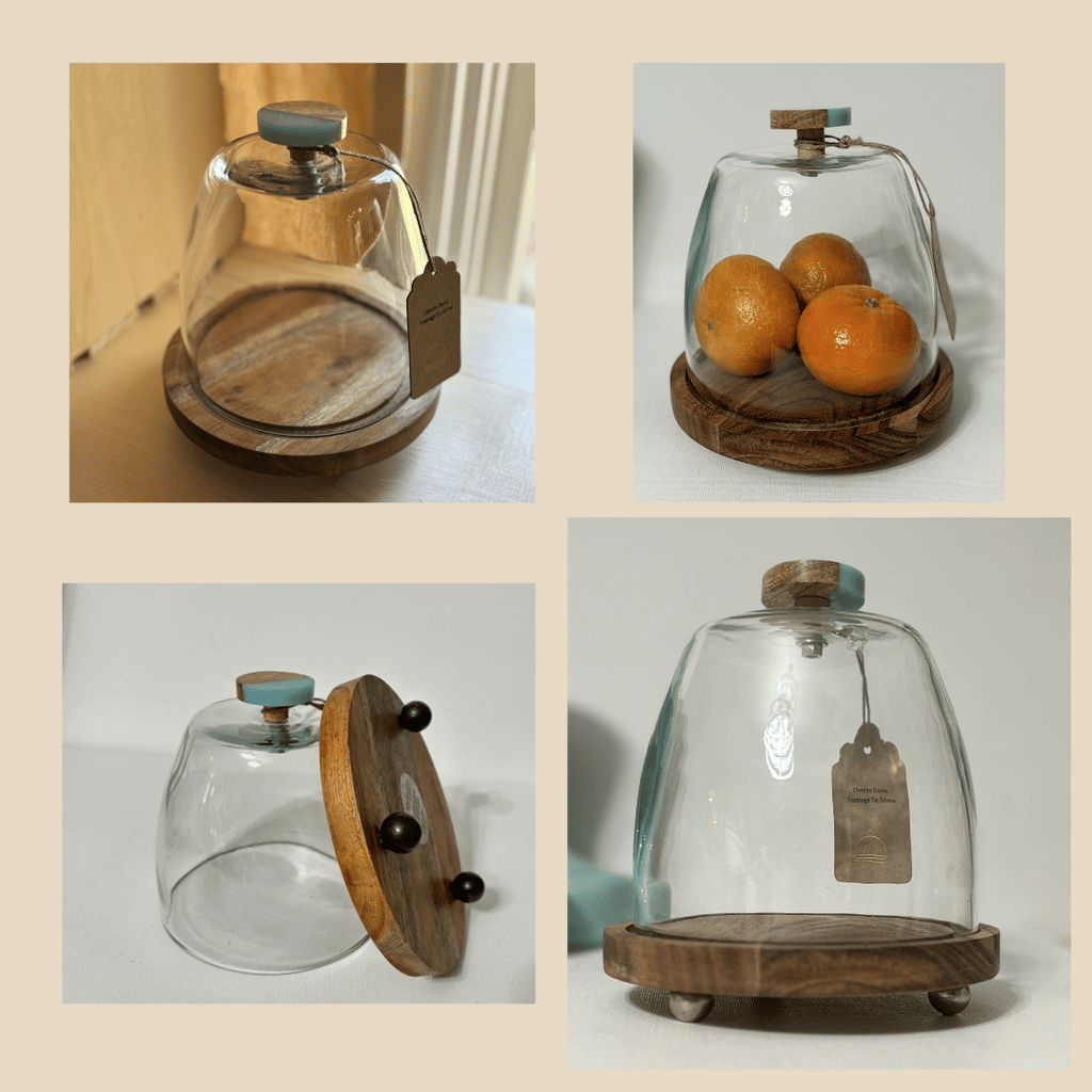 Handmade Wood Base Mini Cheese Dome Teal Top Accent | Glass Cheese Dome