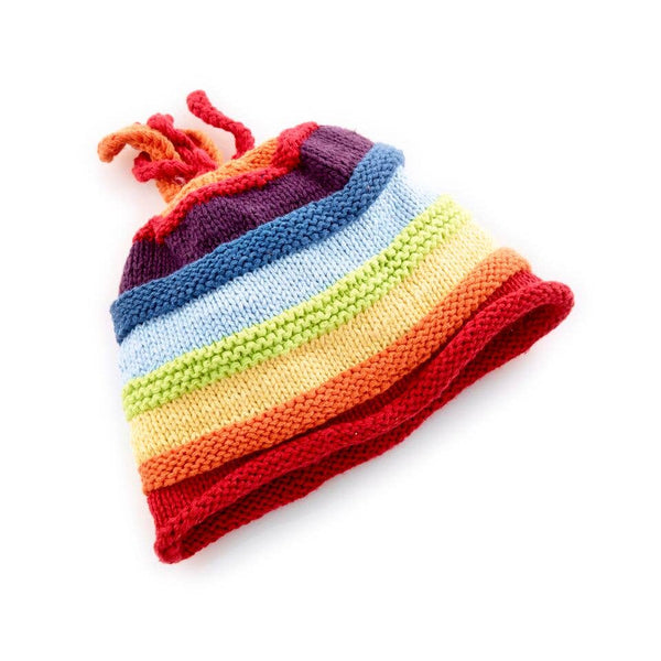 Colorful striped knitted hat on a white background
