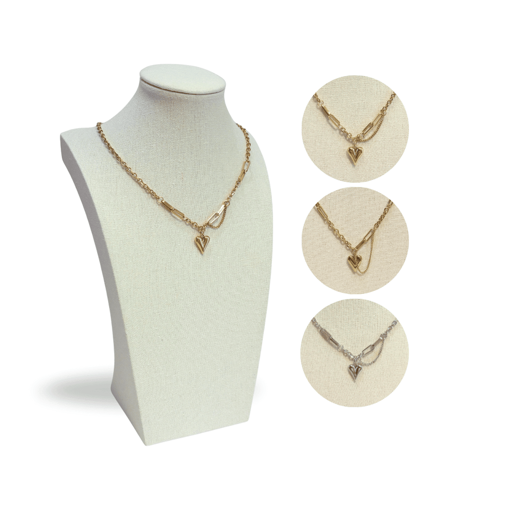 Paperclip and chain necklace with heart pendant and extra chain with 3 different styles.