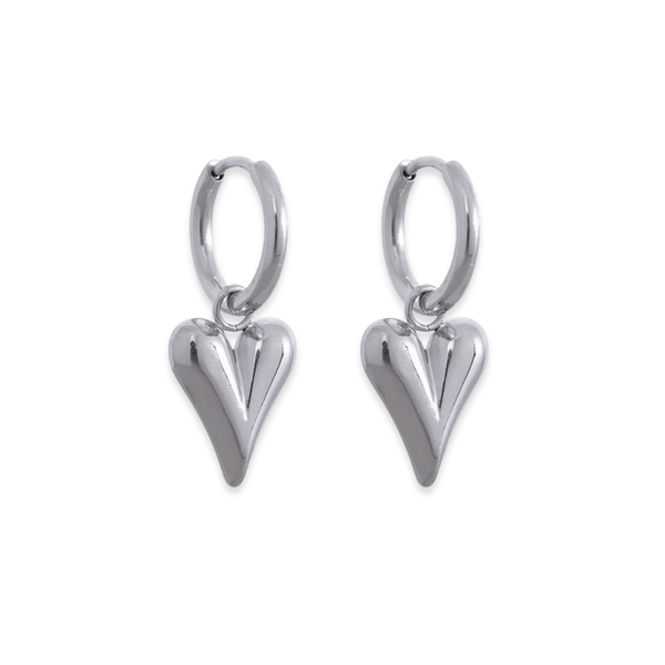Silver heart-shaped earrings on a white background