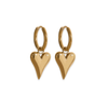 Gold heart-shaped hoop earrings on a white background