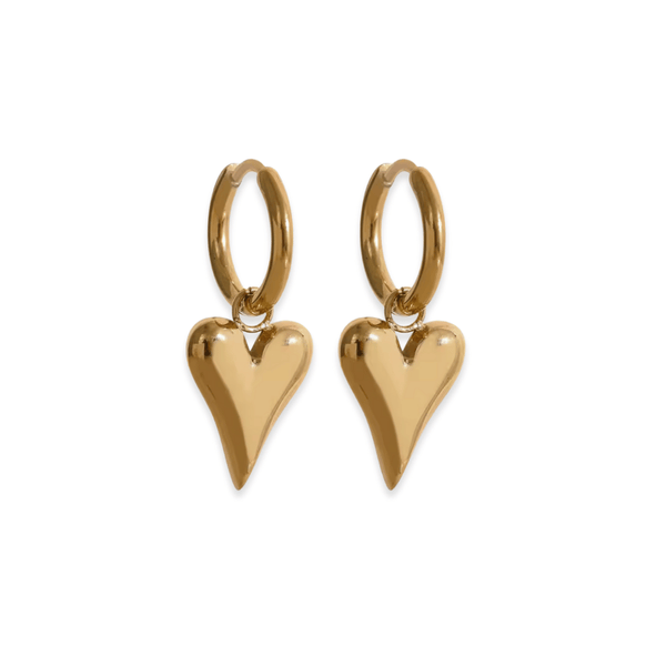 Gold heart-shaped hoop earrings on a white background