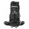 Black hiking backpack with multiple compartments and straps on a white background