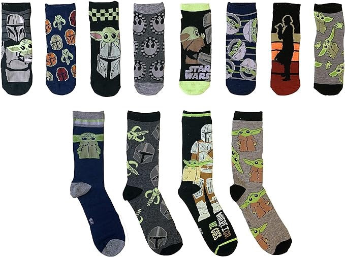 Officially licensed Star Wars socks great for the holidays or any day really if you're a Star Wars Fan!   12 pairs included - 8 ankle and 4 crew socks. Fabulous fun patterns to showcase your love of The Mandalorian!  Fits shoe sizes 6-12.