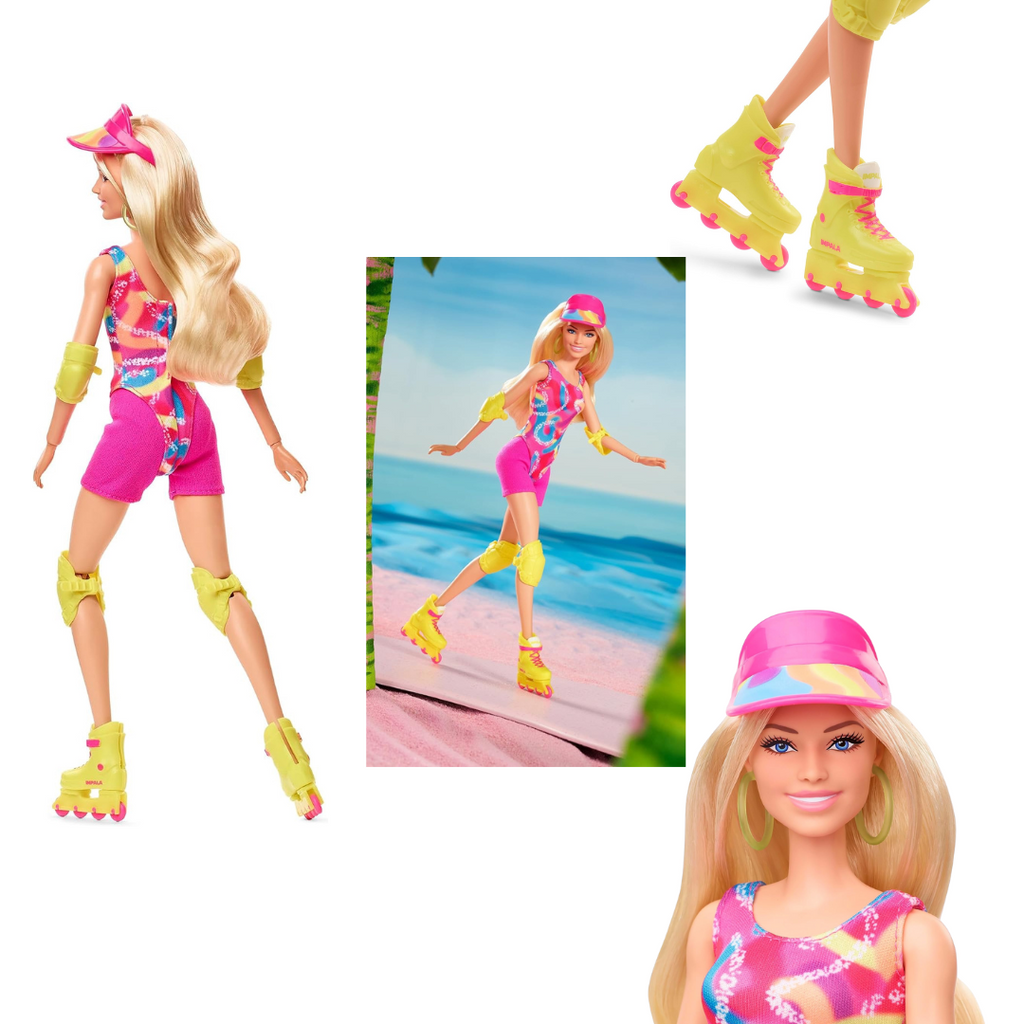 Barbie the Movie, Inline Skating BarbieThis collectible Barbie doll turns heads in an inline skating outfit pulled straight from Barbie The Movie. She wears a colorful leotard with a hot pink visor, matching biker shorts, and neon Impala inline skates. Made to look like Barbie in the feature film, this doll is a great gift for fans and collectors ali