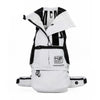 White and black backpack with visible branding on a white background