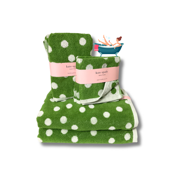 8-piece Kate Spade New York bathroom towel set in reversible Kelly Green and White. &nbsp;Brighten up your bathroom for Spring or celebrate St. Patrick's day, with these soft 100% cotton towels. You won't have to worry about running out of towels with this set, which includes 4 wash cloths, 2 hand towels, and 2 bath towels to keep you cozy! Splash some style into your bathroom today. Wash Cloths (4) 13" x 13" | Hand Towels 16" x 30" Bath Towels 30" x 56" 