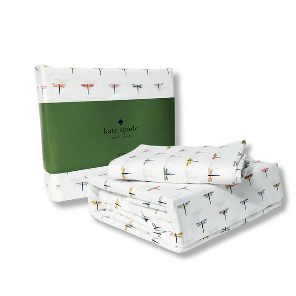 KATE SPADE New York Dragonfly sheets; KATE SPADE New York full queen sheet set;Experience pure indulgence with these exquisite 100% percale cotton sheets from KATE SPADE New York. Revel in the elegant and vibrant dragonfly motif decorating these lavish white sheets, a signature design by the renowned Kate Spade brand.