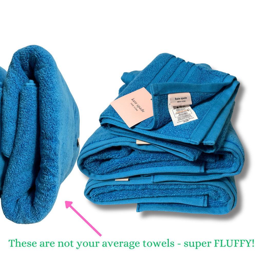 Made with 100% Cotton these Kate Spade soft plush towels (and they are fluffy plush!) has just what the weather called for to brighten up your day! &nbsp;The vibrant blue color will add a splash of life to your bathroom, so you can look and feel fresh and fabulous! #pamperyourself, Set Includes: 2 Hand Towels 16" x 30" | 2 Bath Towels 30" x 56"