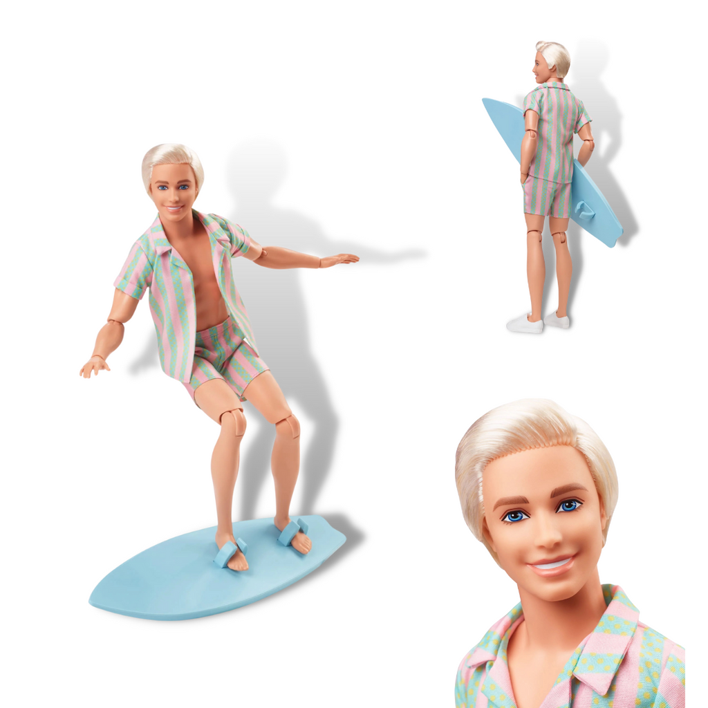 Barbie the Movie Beach KenInspired by Ken’s character in the upcoming film, this Ken doll is ready to catch some waves. With a surfboard in tow, Ken wears a beachy, striped matching set. Celebrating Barbie The Movie, this Ken doll makes a great gift for fans and collectors alike.