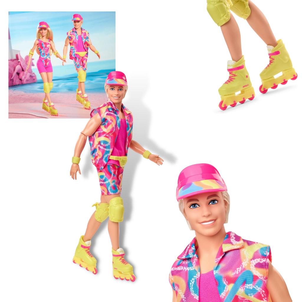 Barbie the Movie, inline skating KenThis collectible Ken doll is a skating machine in a retro-inspired outfit. He wears a hot pink tee and colorful matching accessory set complete with a visor, knee pads, and neon Impala inline skates. Inspired by Ken’s character in the feature film, he’s ready to roll alongside Barbie for a fun day in the sunshine