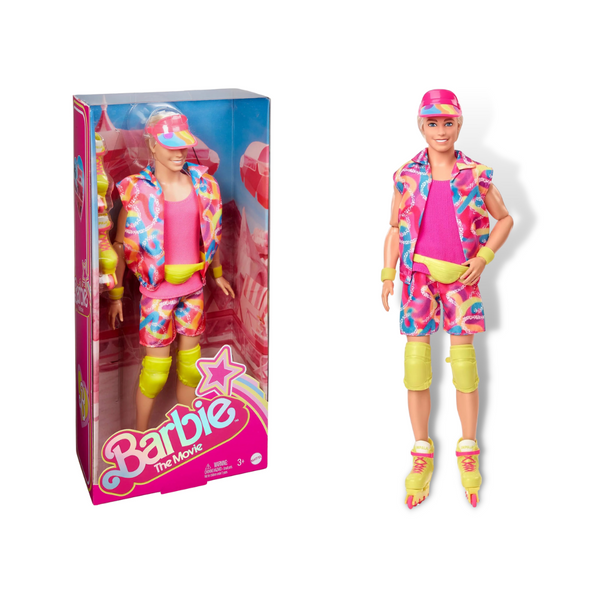 Barbie the Movie, inline skating KenThis collectible Ken doll is a skating machine in a retro-inspired outfit. He wears a hot pink tee and colorful matching accessory set complete with a visor, knee pads, and neon Impala inline skates. Inspired by Ken’s character in the feature film, he’s ready to roll alongside Barbie for a fun day in the sunshine.
