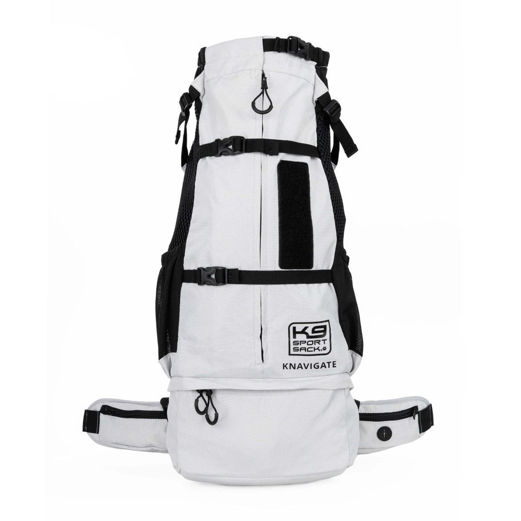 White and black backpack with visible branding on a white background