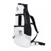 White and black backpack with visible branding on a white background