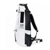 White and black backpack with visible branding on a white background
