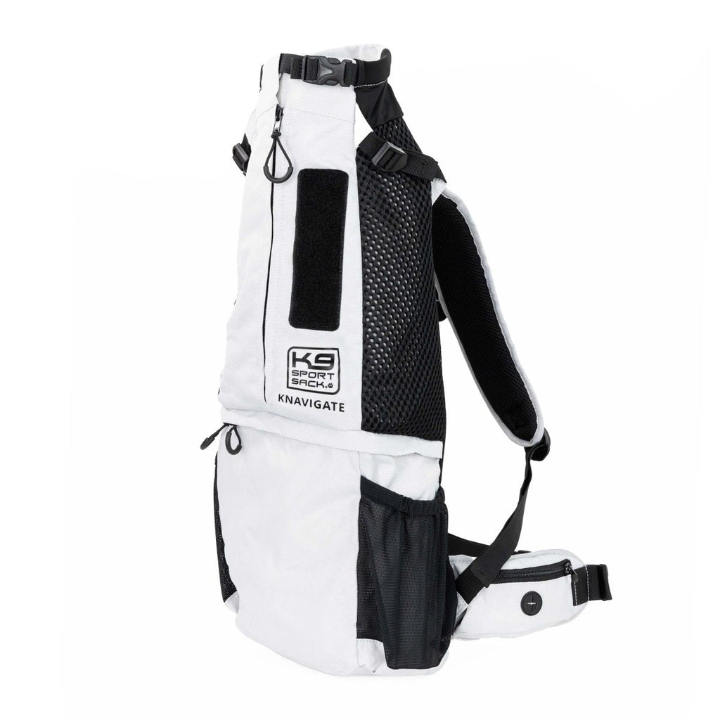 White and black backpack with visible branding on a white background