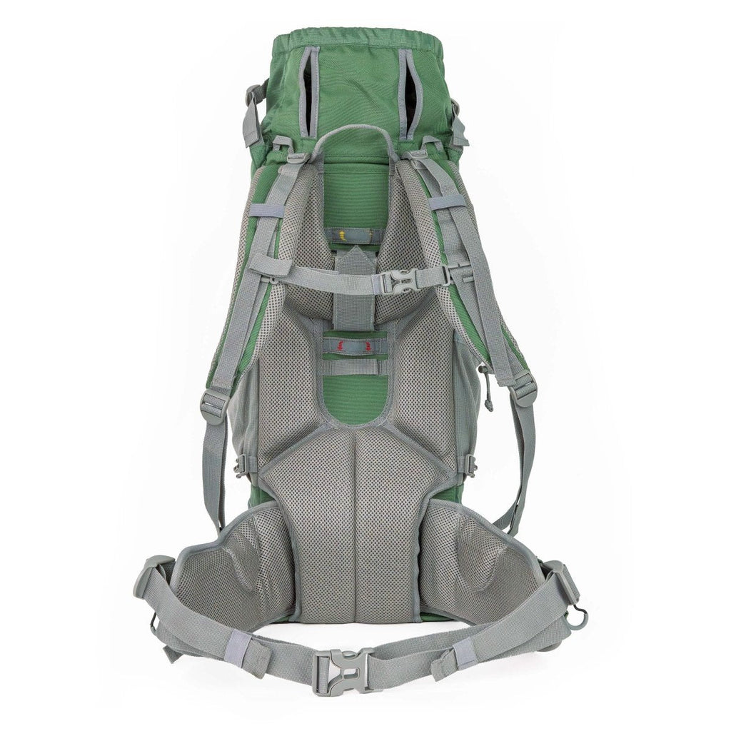 Green and gray hiking backpack on a white background
