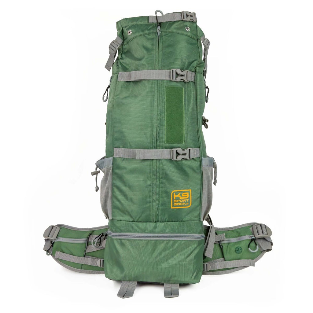Green hiking backpack with gray straps on a white background