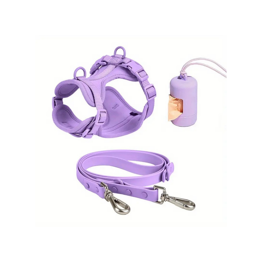 Purple waterproof dog leash harness set   Water proof dog leash harness set; wild one style dog harness, wild one style dog leash, wildone stlye waste bag holder, best waterproof dog leash.