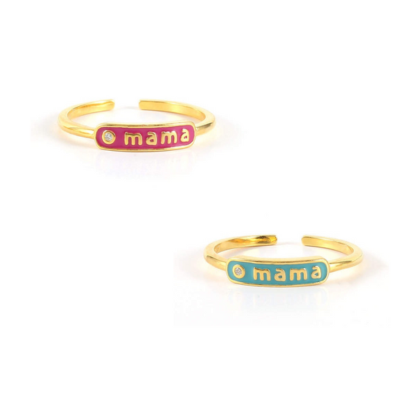 This dainty "Mama" ring is ideal for the mother who prefers understated elegance. Made from 18K gold plated 925 sterling silver, it features either a teal or pink enamel finish and a subtle zircon drop for a touch of sophistication.  Adjustable band for perfect fit.  We think it's absolutely adorable!  Mama Bear Mother's Day gift Trendy Mom Gifts Best Mother's Day gifts
