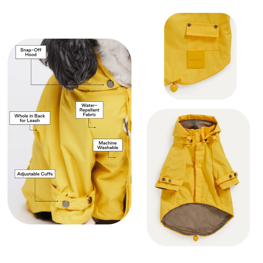 Best Dog Raincoat Maxbone's top-selling Talon Raincoat gets a fresh makeover for the spring! This classic raincoat silhouette is made out of water repellant fabric and features adjustable pull chords, snap button closure, a leash/harness opening and a removable hood. Available in the classic raincoat color, Yellow, and a fresh new color for Spring - Mint!