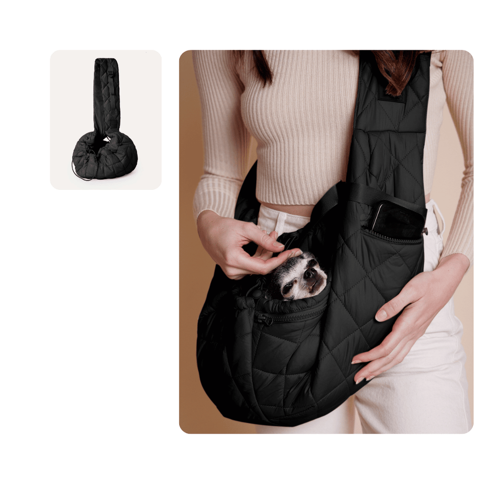 Person holding a black pet carrier with a dog peeking out, on a beige background.