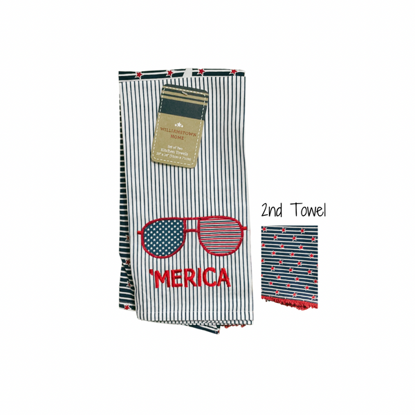 Be "Merica" proud with this hand towel set! Hand-stitched sunglasses and classic stars and stripes. Be prepared to dazzle your fellow Americans in the kitchen - Perfect for 4th of July or any other Patriotic occasion or farmhouse decor.&nbsp;

Style: Farmhouse Kitchen Towels, Farmhouse Hand Towels, Patriotic Hand Towels