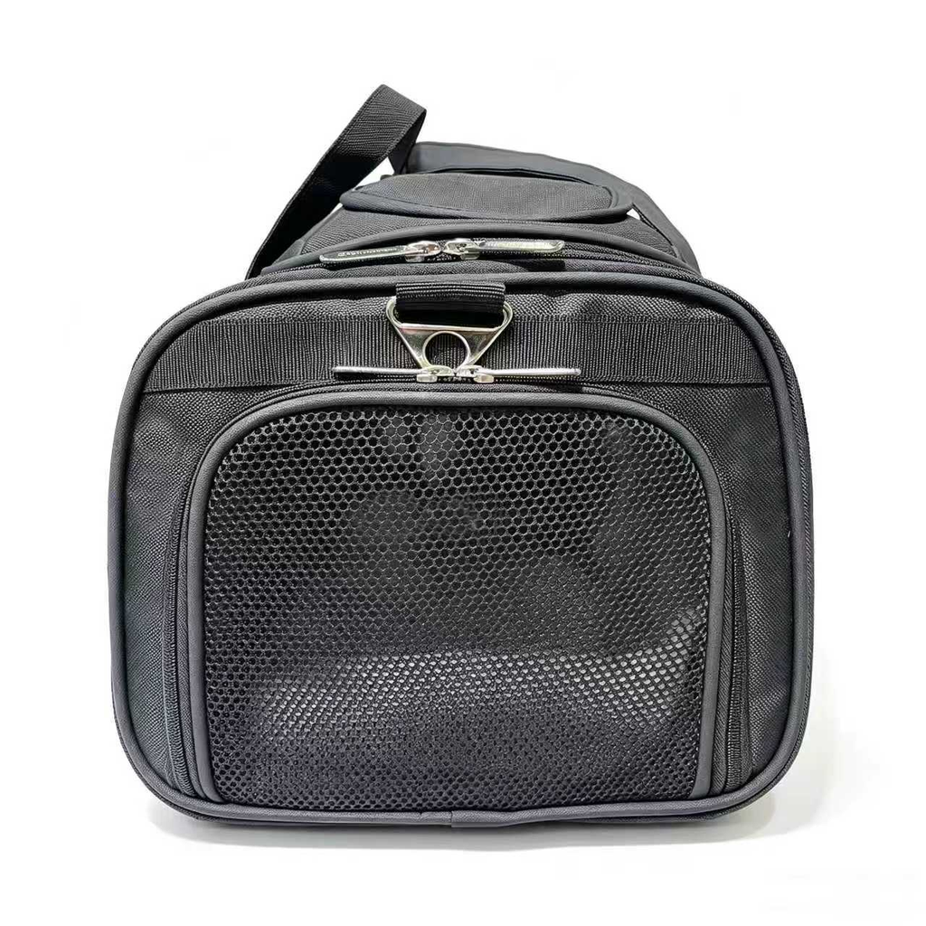 A black nylon pet carrier bag with a front mesh window, silver zipper, and a top handle, shown against a plain white background.
