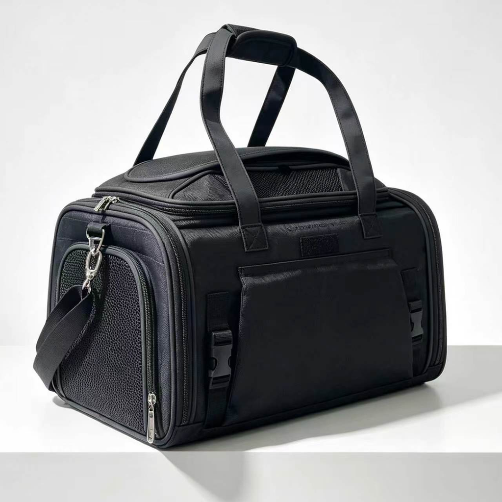 A black pet carrier duffel bag with dual top handles, a detachable shoulder strap, and textured mesh side panels, photographed on a clean white studio background.