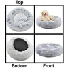 Gray pet bed shown from top, bottom, and front views with a dog lying on it.