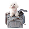 A small white fluffy dog sits on a gray mesh pet carrier bag with blue-gray trim and brown handles, photographed on a clean white background.