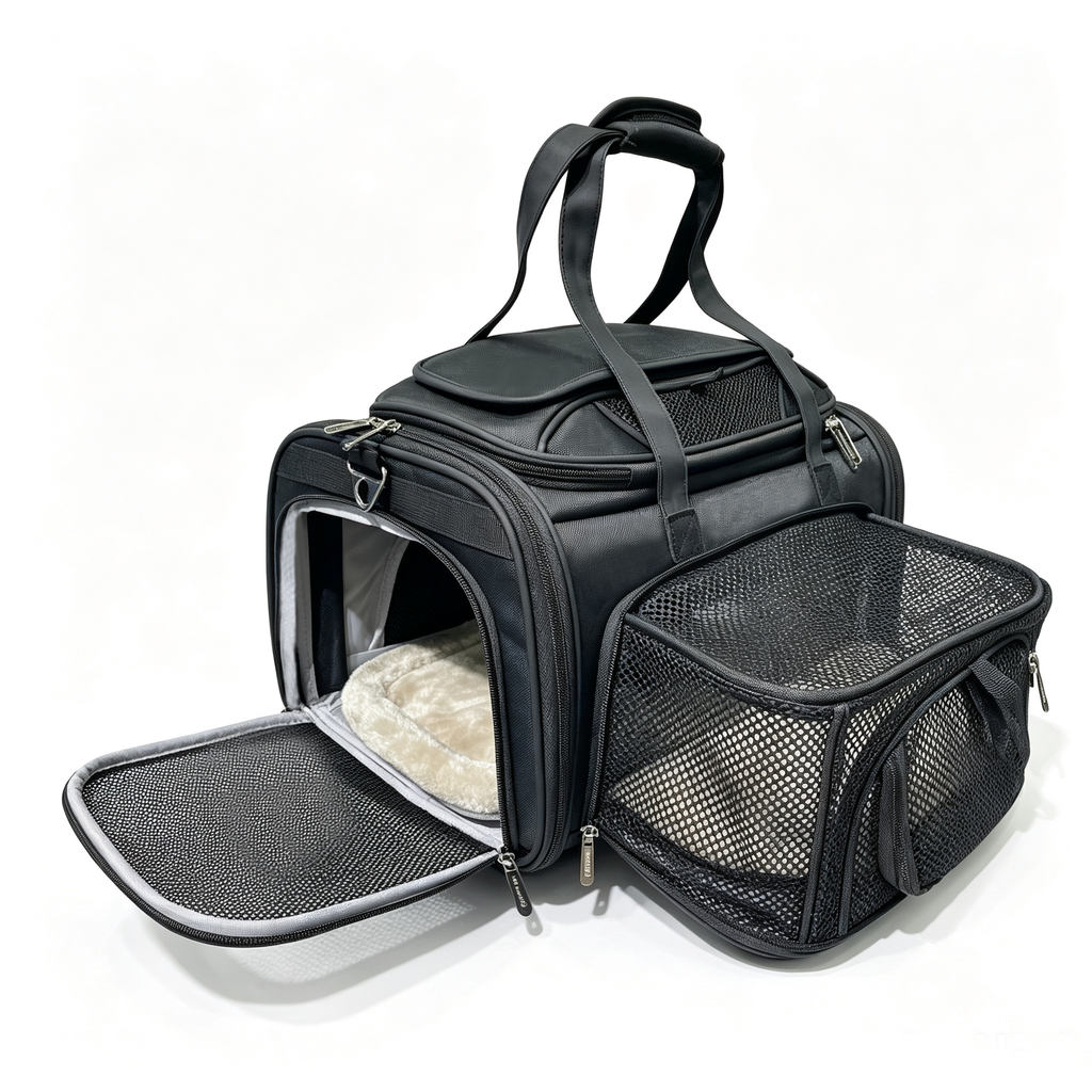 A black pet carrier bag with mesh windows and handles, shown open with a plush pet bed inside and an attached mesh side pouch, photographed on a clean white background.